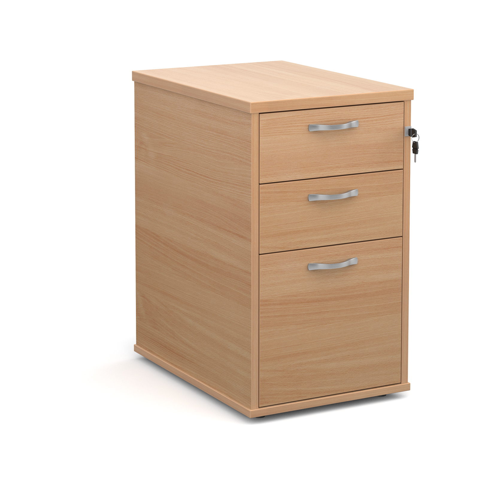 Desk high 3 drawer pedestal with silver handles 600mm deep - beech