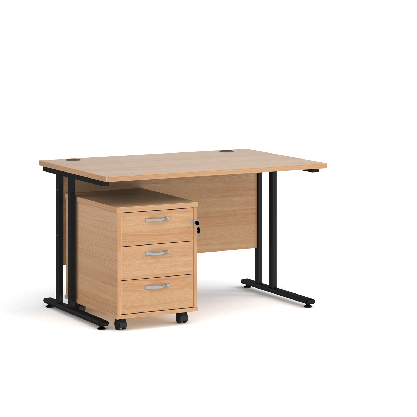 Maestro 25 straight desk 1200mm x 800mm with black cantilever frame and 3 drawer pedestal - beech