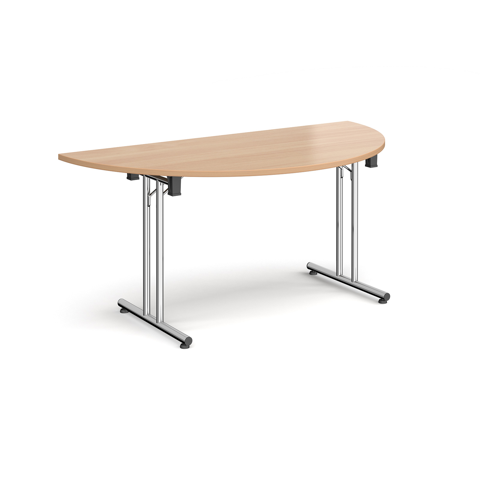 Semi circular folding leg table with chrome legs and straight foot rails 1600mm x 800mm - beech