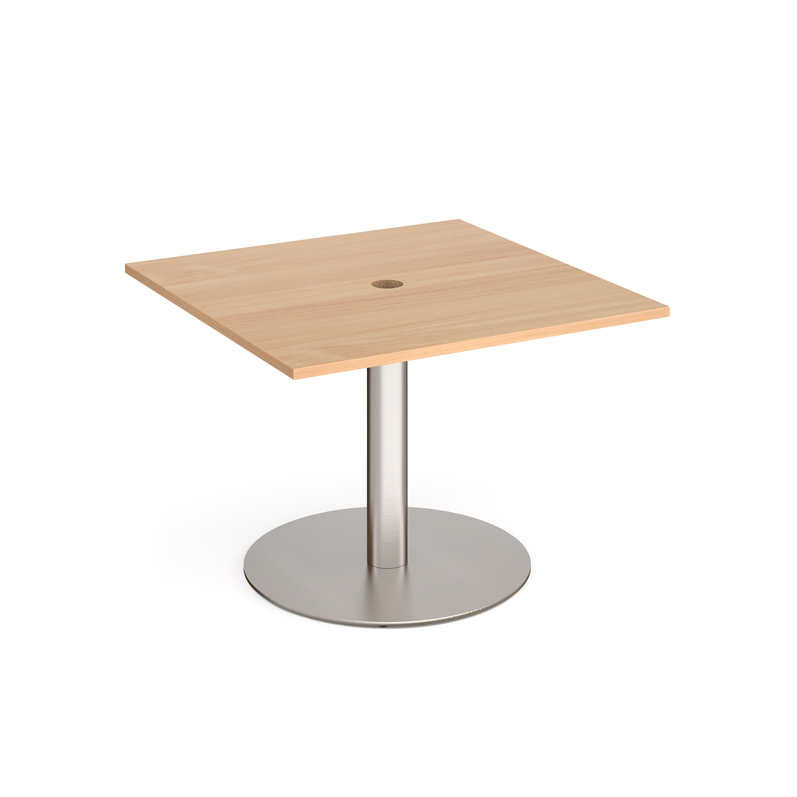 Eternal square meeting table 1000mm x 1000mm with central circular cutout 80mm - brushed steel base, beech top