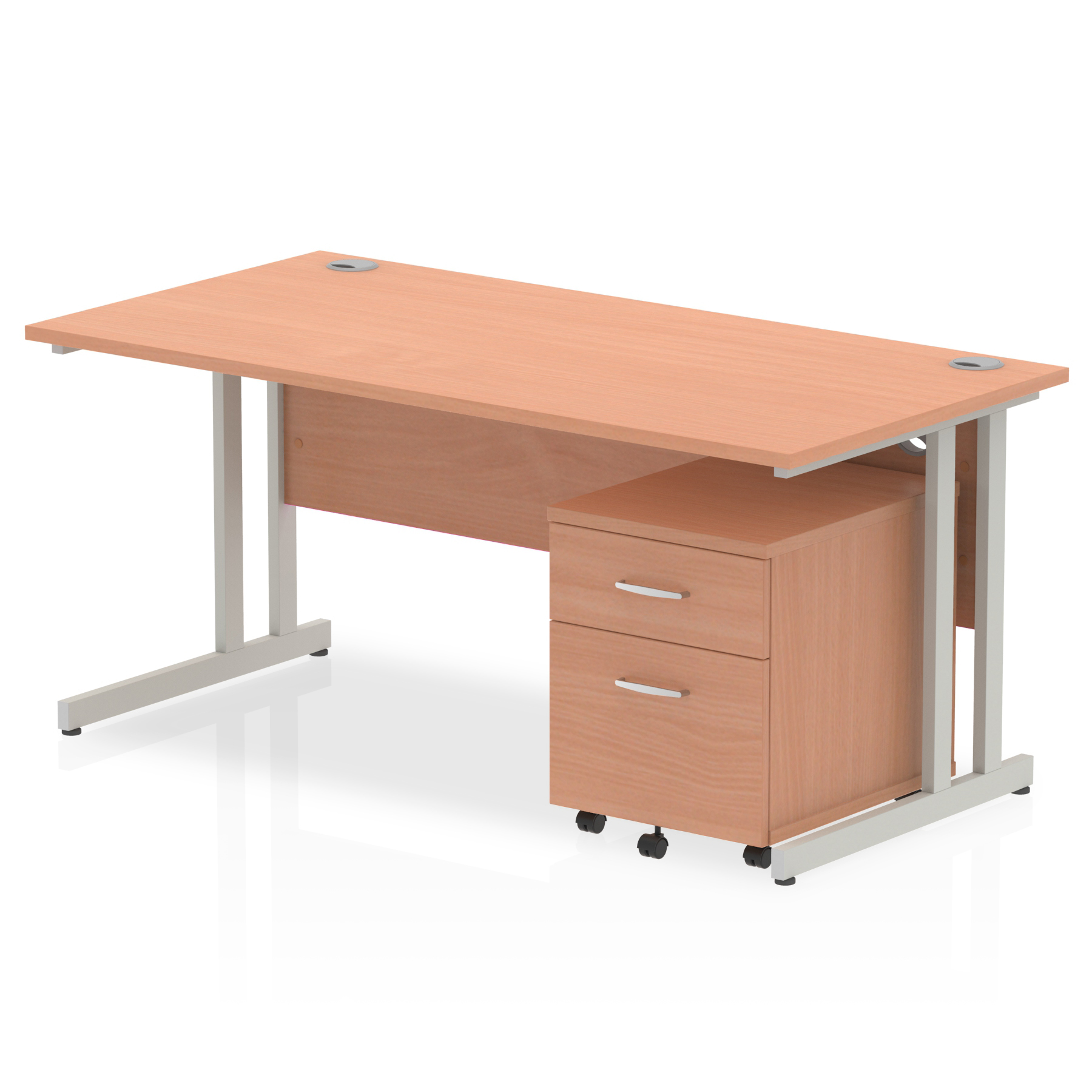 Impulse 1600 x 800mm Straight Desk Beech Top Silver Cantilever Leg with 2 Drawer Mobile Pedestal