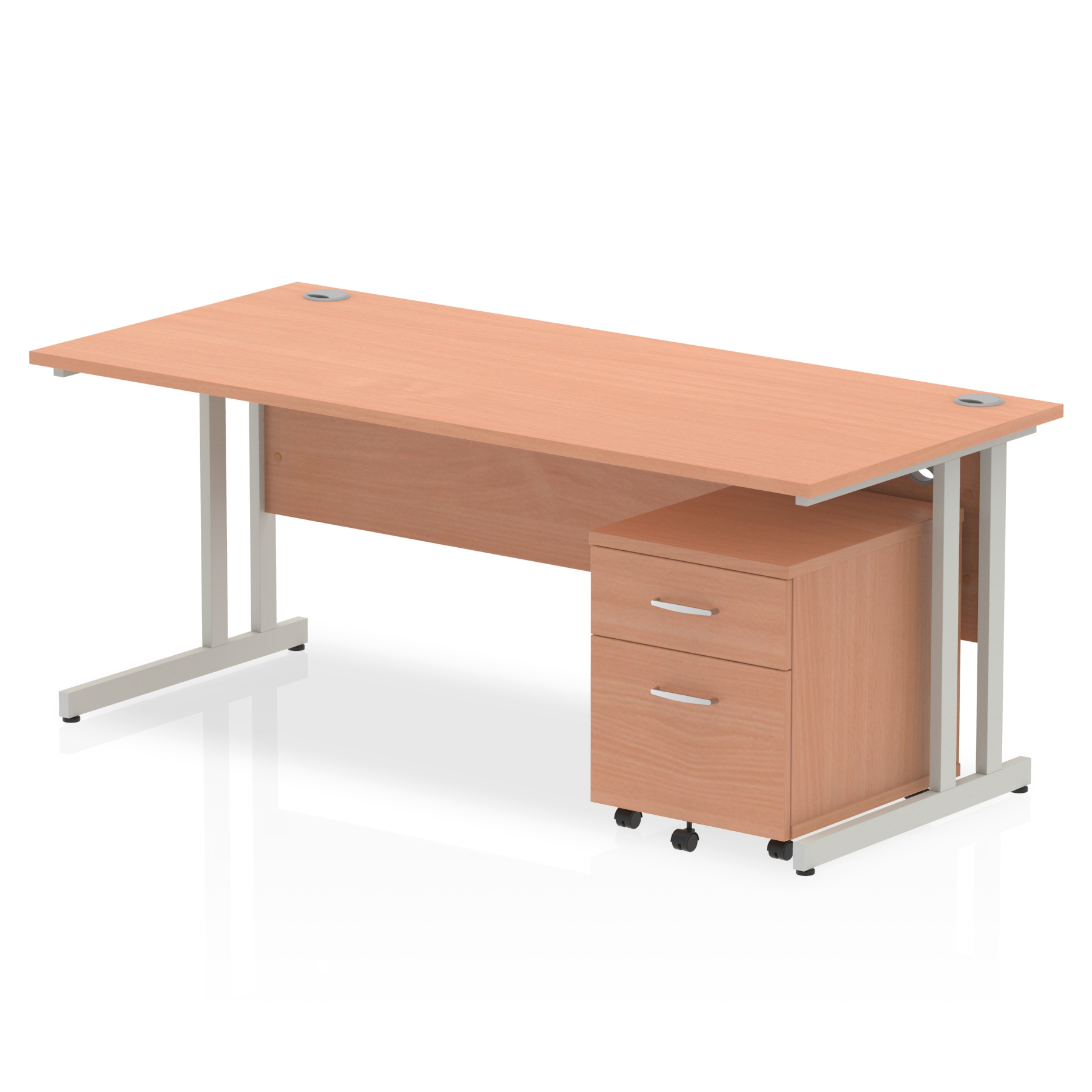 Impulse 1800 x 800mm Straight Desk Beech Top Silver Cantilever Leg with 2 Drawer Mobile Pedestal