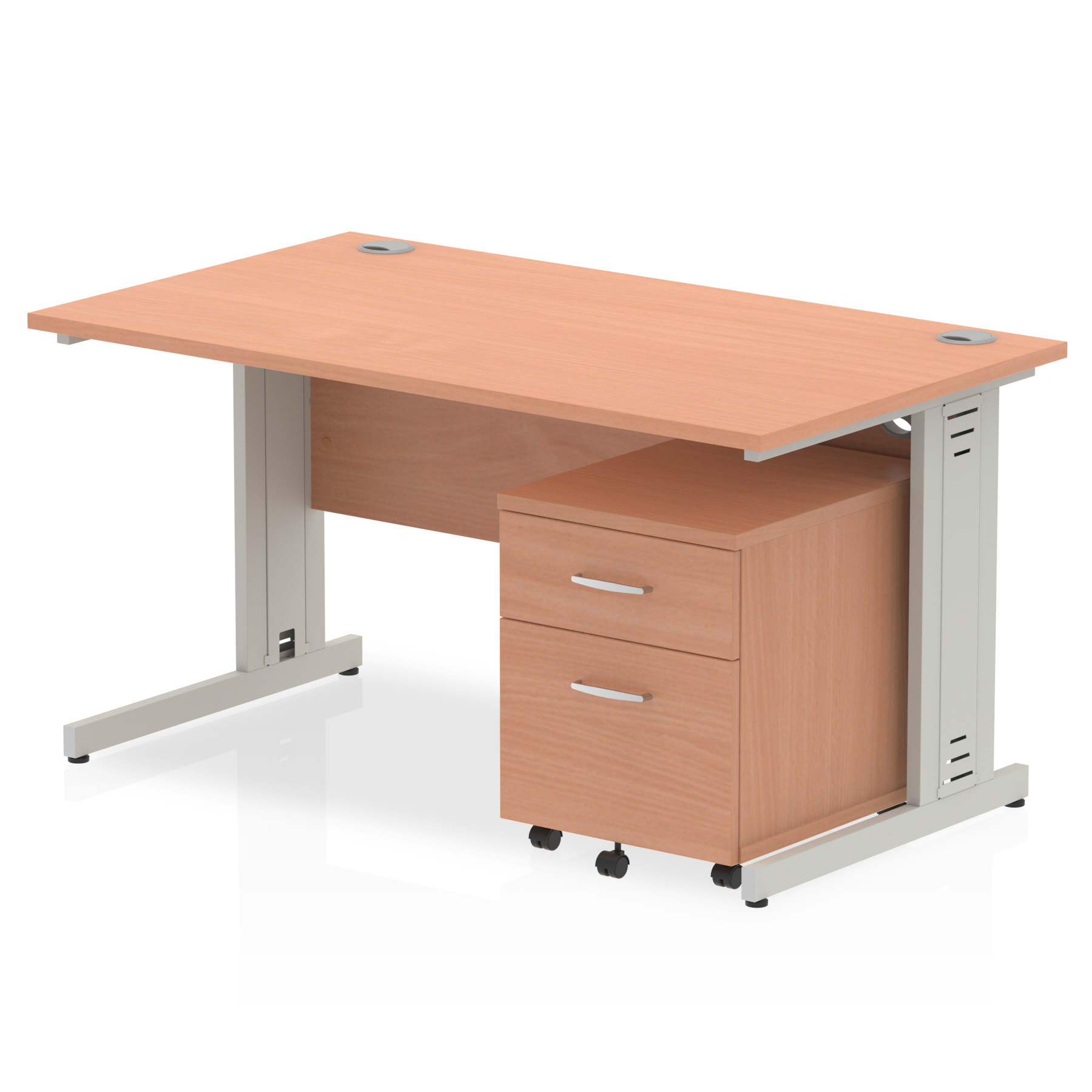 Impulse 1400 x 800mm Straight Desk Beech Top Silver Cable Managed Leg with 2 Drawer Mobile Pedestal Bundle