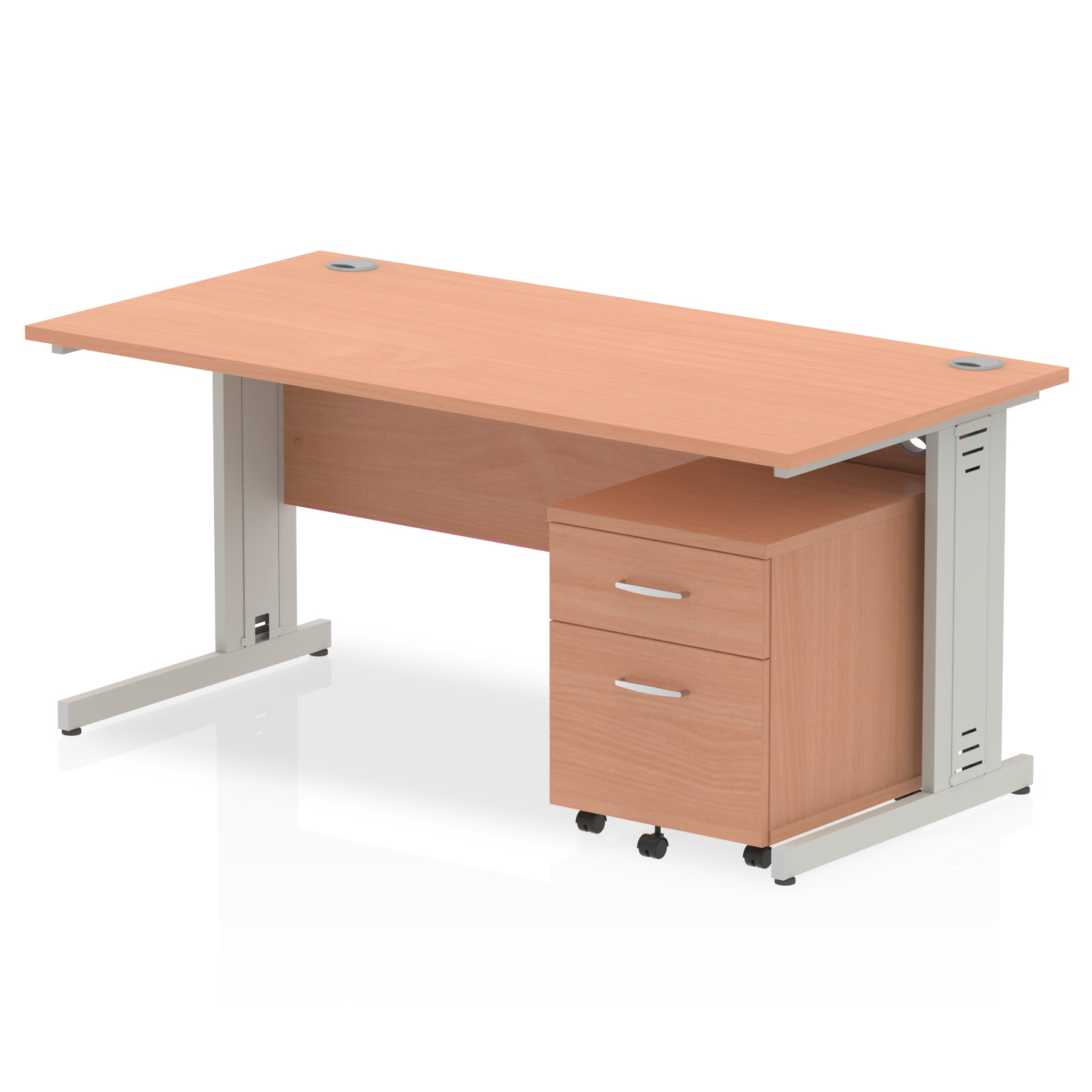 Impulse 1600 x 800mm Straight Desk Beech Top Silver Cable Managed Leg with 2 Drawer Mobile Pedestal
