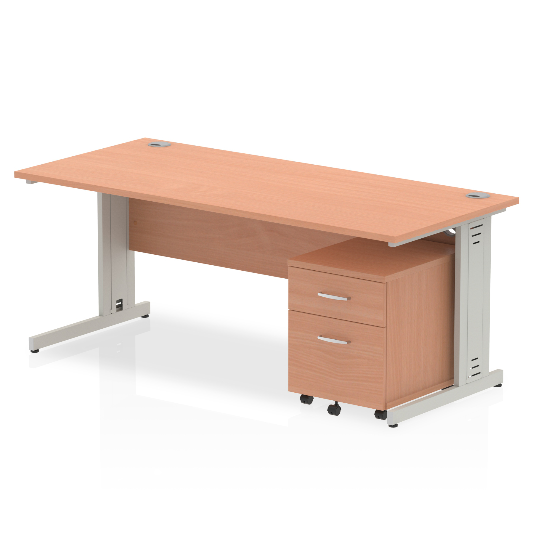Impulse 1800 x 800mm Straight Desk Beech Top Silver Cable Managed Leg with 2 Drawer Mobile Pedestal