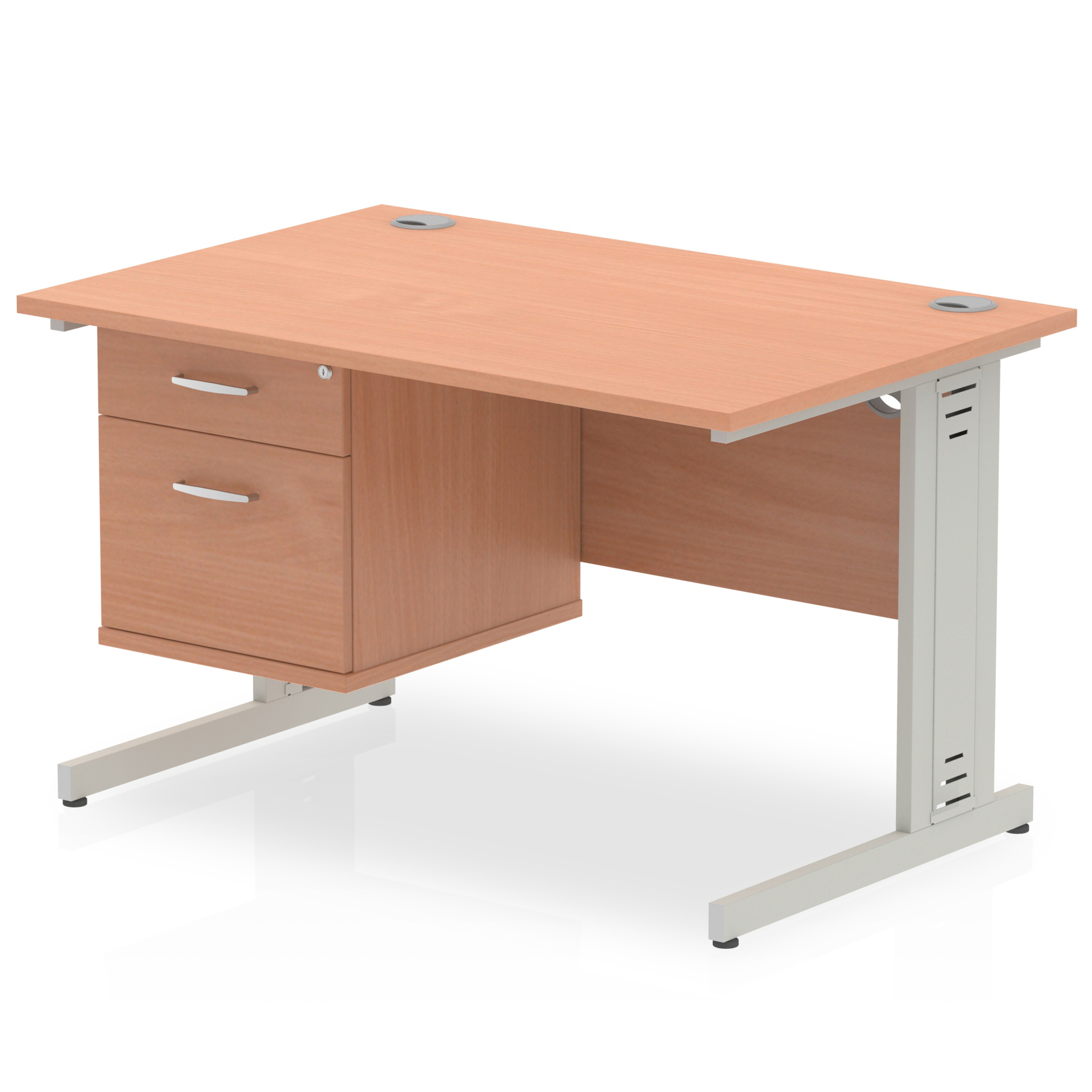 Impulse 1200 x 800mm Straight Desk Beech Top Silver Cable Managed Leg with 1 x 2 Drawer Fixed Pedestal