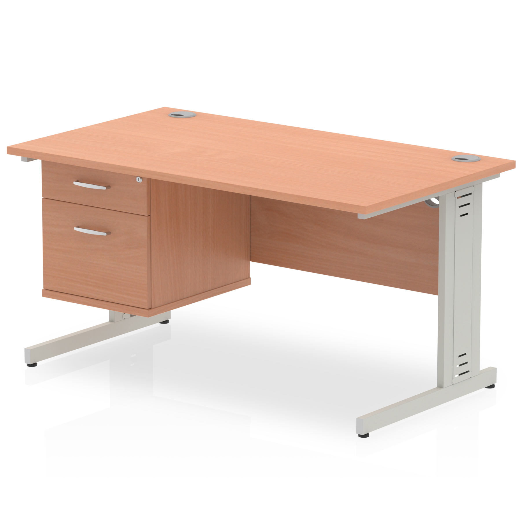 Impulse 1400 x 800mm Straight Desk Beech Top Silver Cable Managed Leg with 1 x 2 Drawer Fixed Pedestal