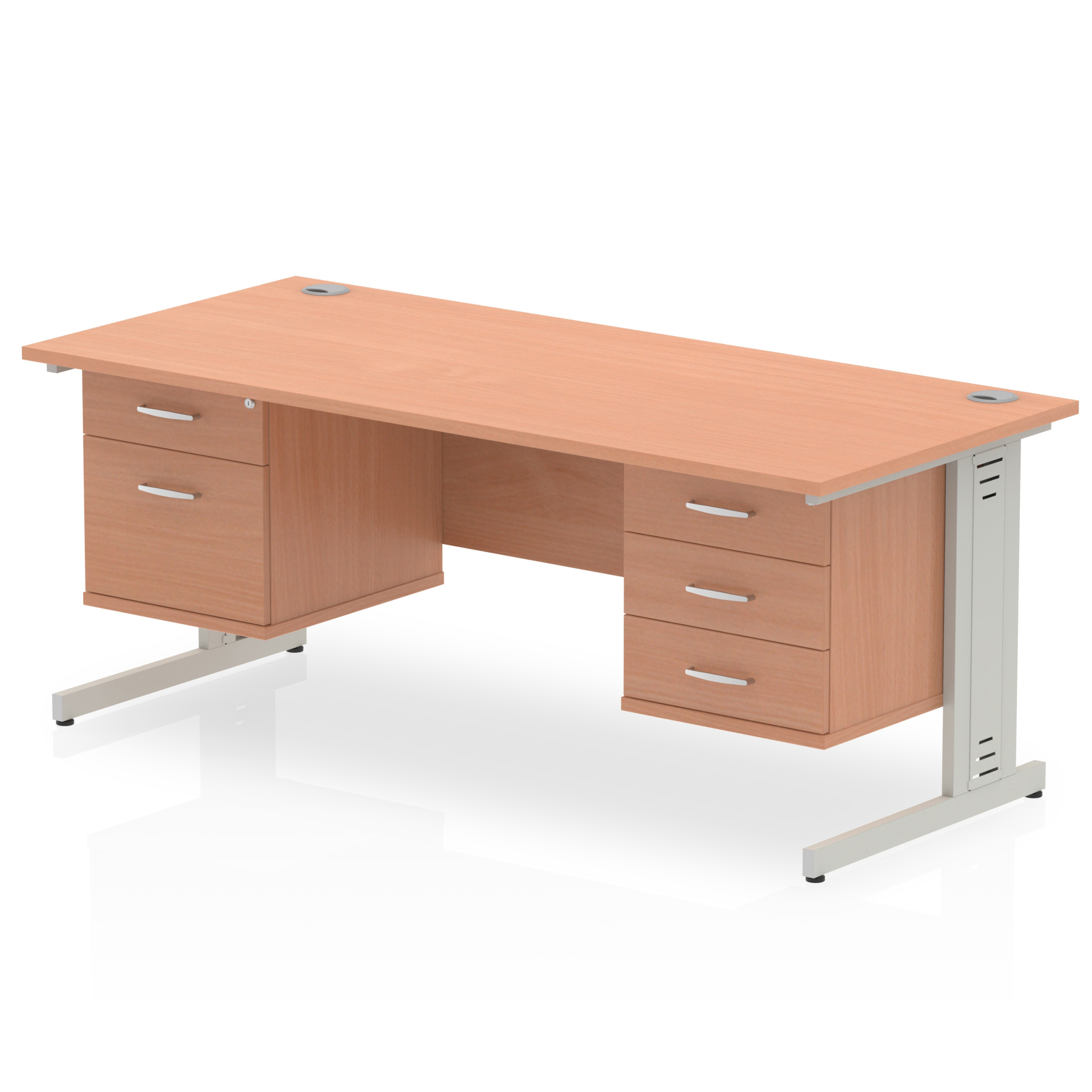 Impulse 1600 x 800mm Straight Desk Beech Top Silver Cable Managed Leg 1 x 2 Drawer 1 x 3 Drawer Fixed Pedestal