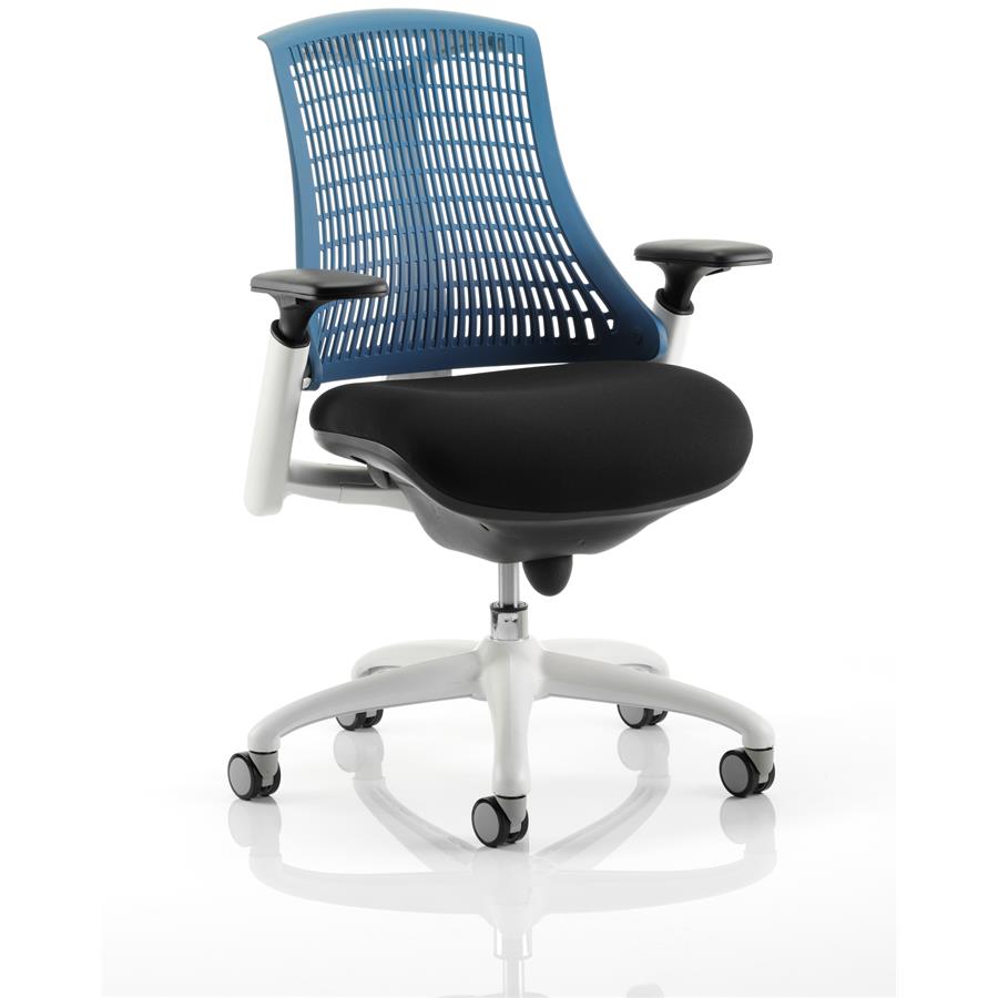 Flex Task Operator Chair White Frame Black Fabric Seat With Blue Back With Arms