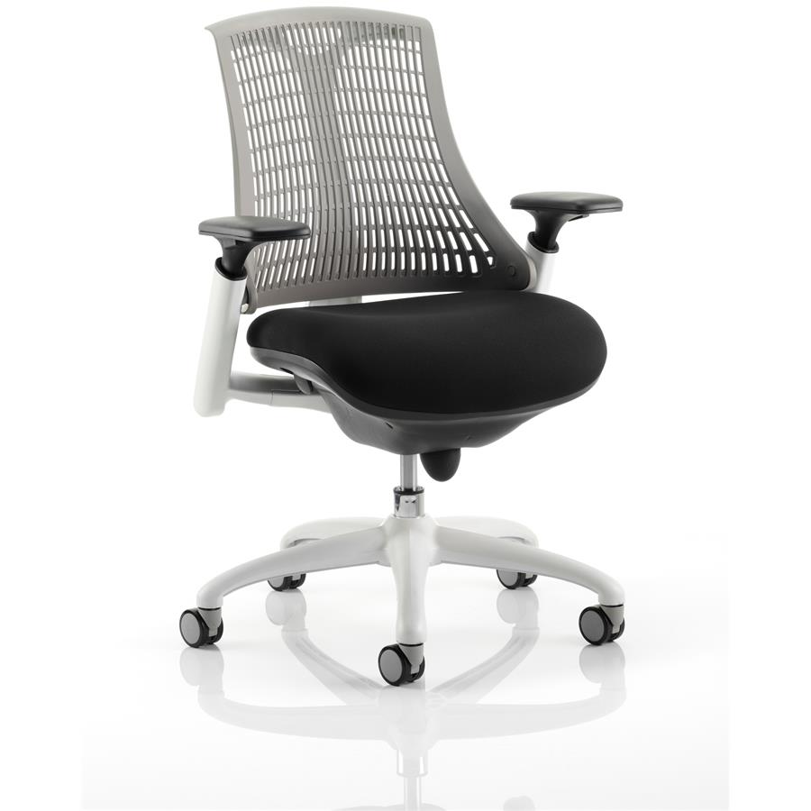 Flex Task Operator Chair White Frame Black Fabric Seat With Grey Back With Arms