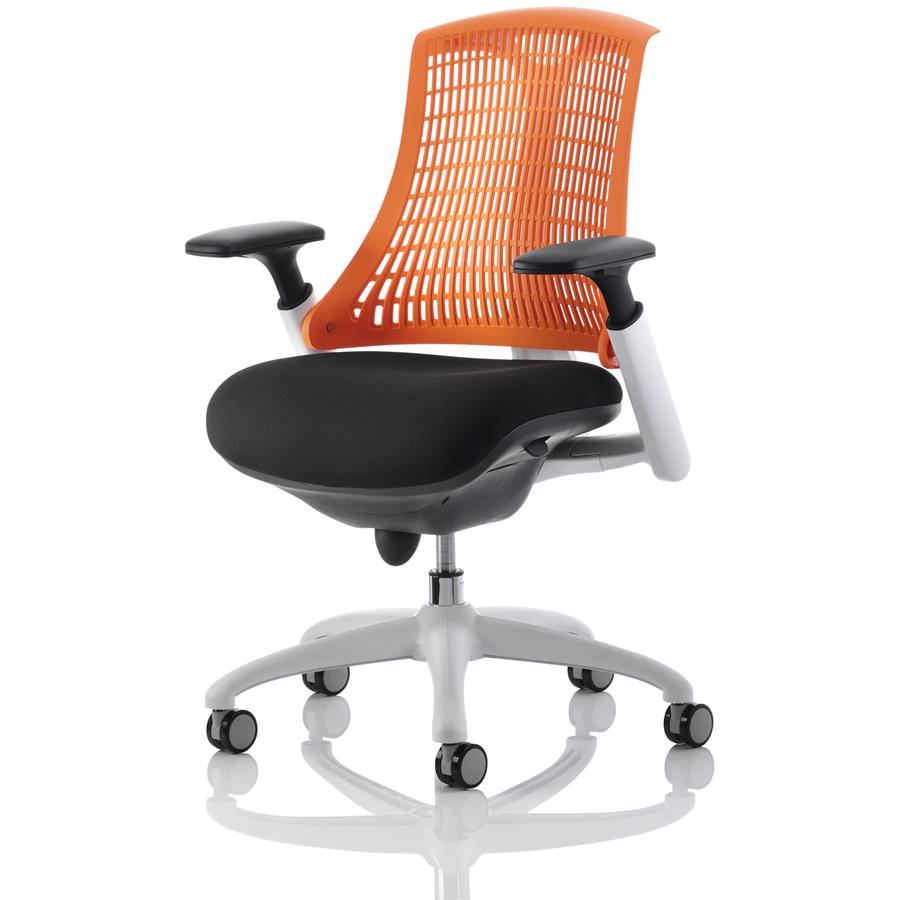 Flex Task Operator Chair White Frame Black Fabric Seat With Orange Back With Arms