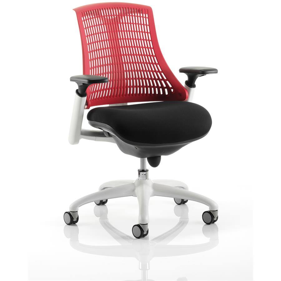 Flex Task Operator Chair White Frame Black Fabric Seat With Red Back With Arms