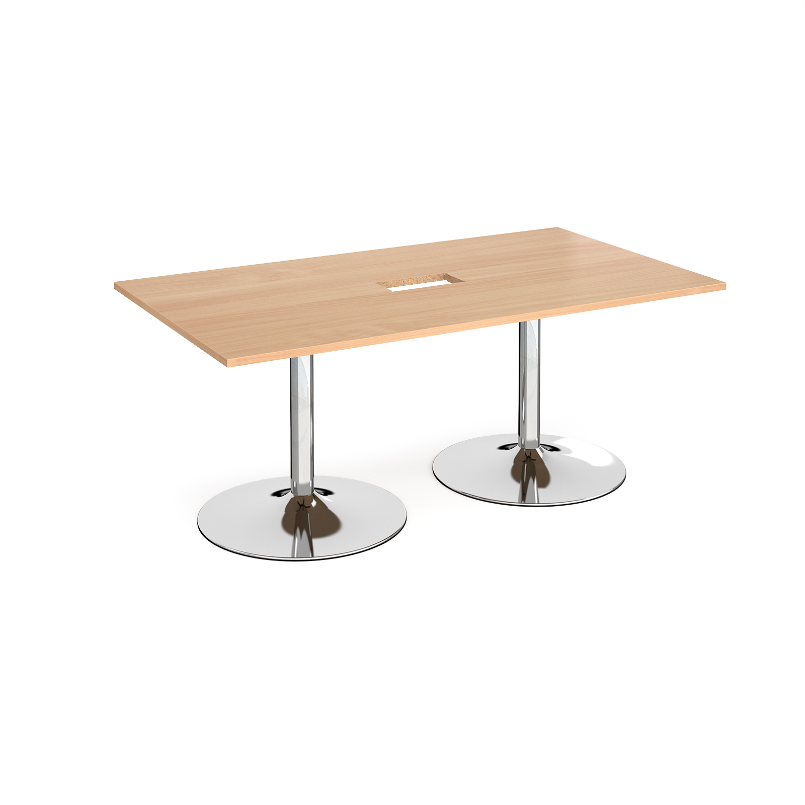 Trumpet base rectangular boardroom table 1800mm x 1000mm with central cutout 272mm x 132mm - chrome base, beech top