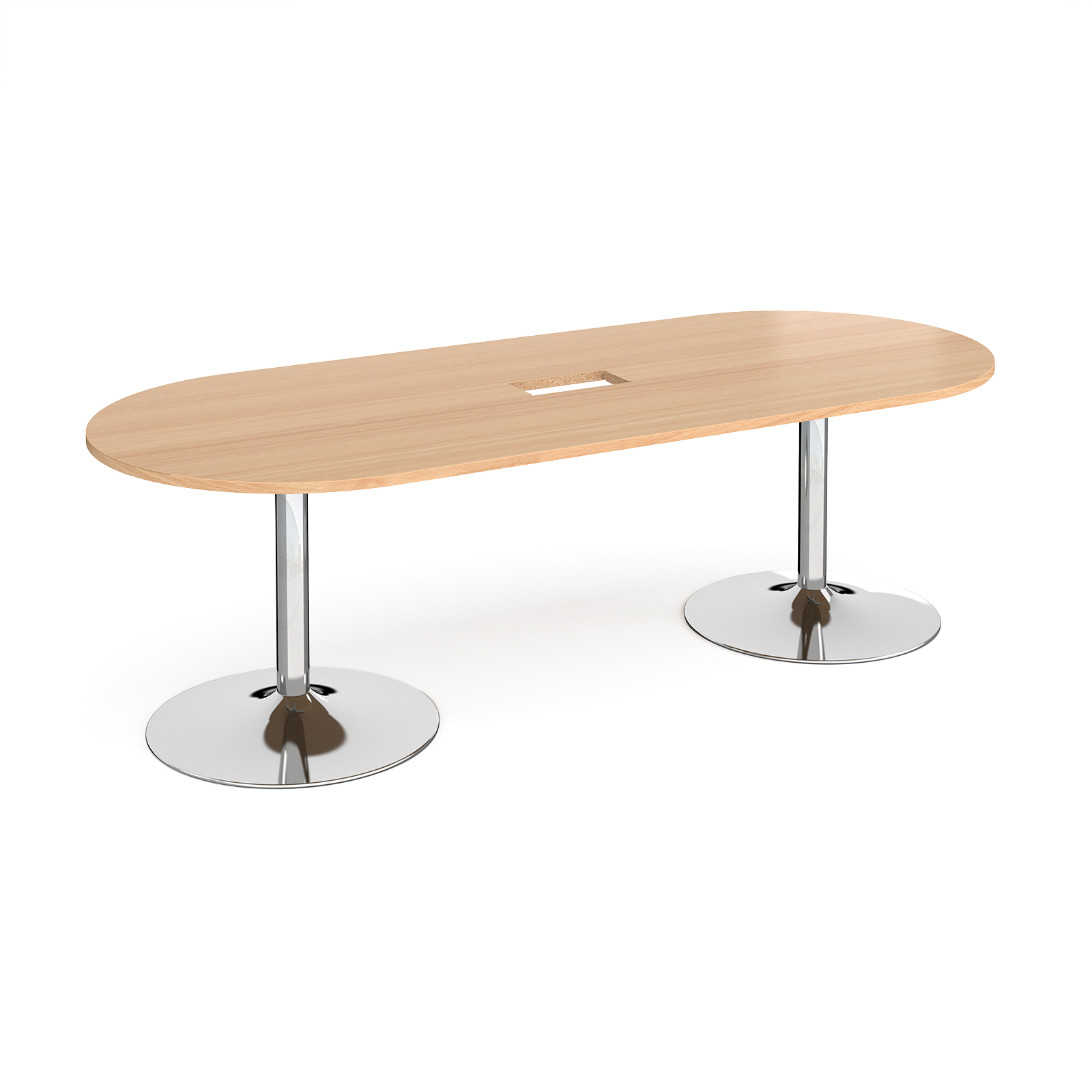 Trumpet base radial end boardroom table 2400mm x 1000mm with central cutout 272mm x 132mm - chrome base, beech top
